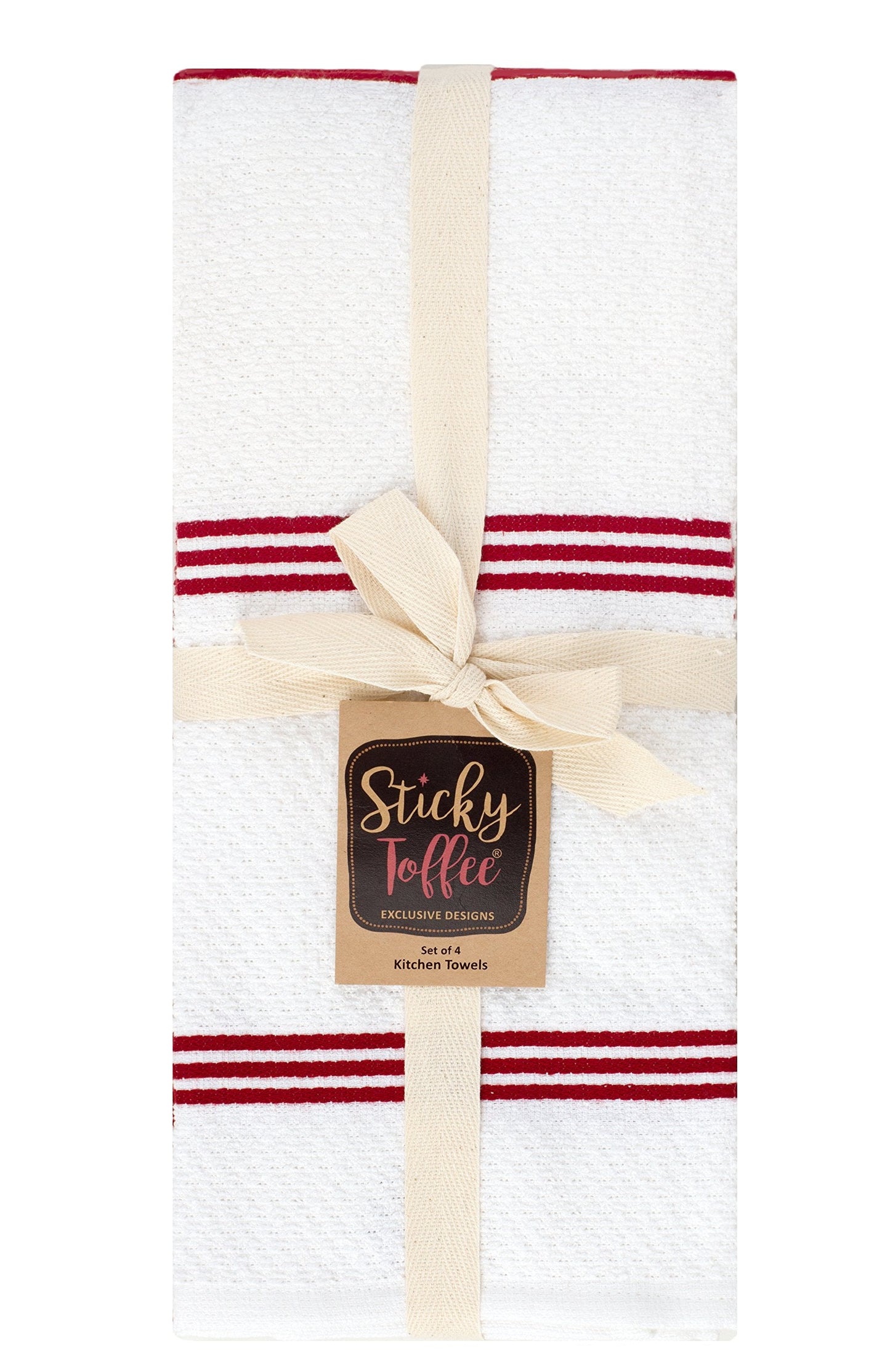 Sticky Toffee 100% Cotton Terry Tea Towel - Red Plain & Stripe Pattern, Pack of 4 | Kitchen Towel Set | Absorbent, Strong, Quick Dry & Machine Washable | Home & Bathroom Accessories 4 Pack