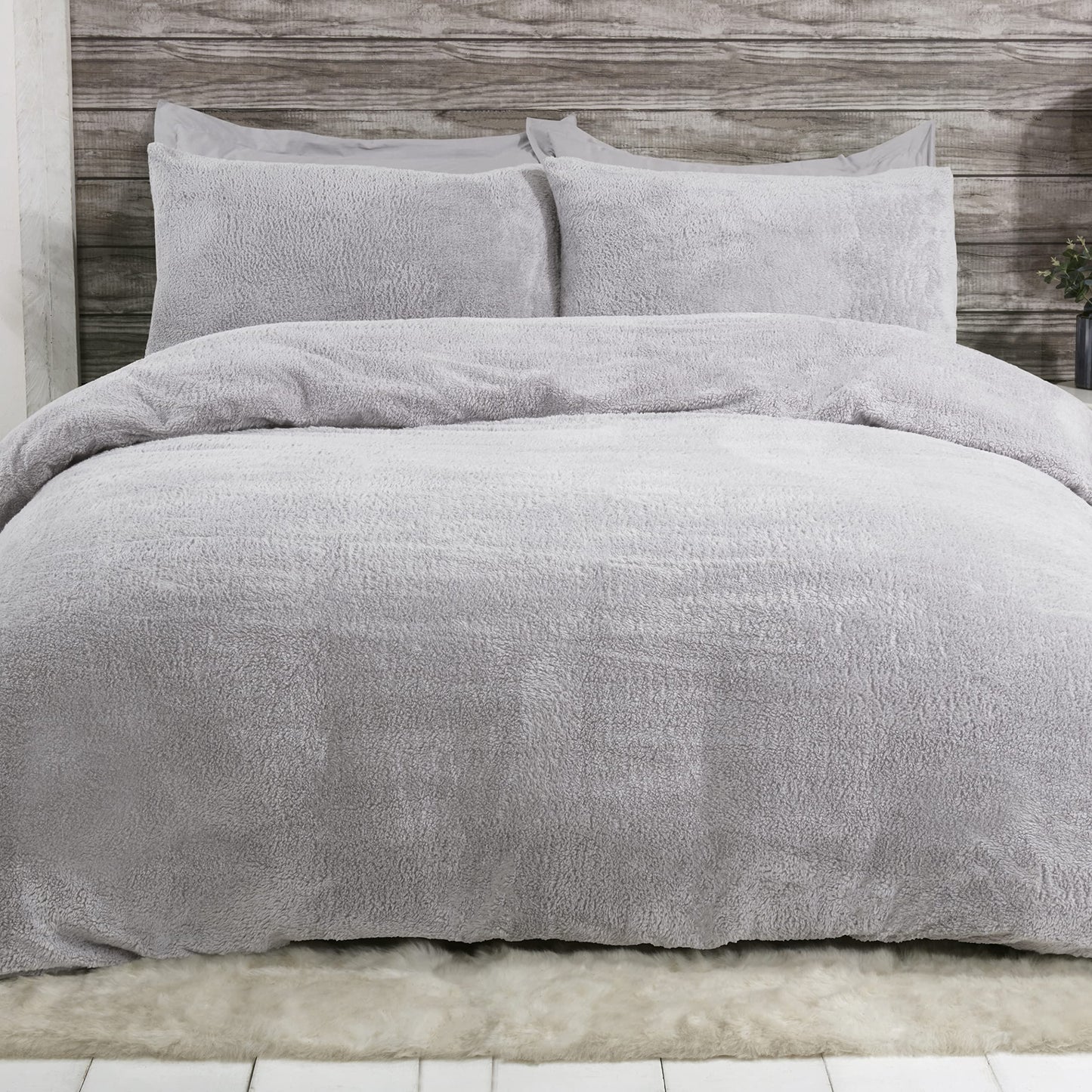 Sleepdown Teddy Fleece Duvet Cover Quilt Bedding Set with Pillow Cases Thermal Warm Cosy Super Soft - King - Grey