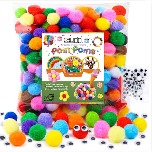 Caydo 300 PCS Multicolor Craft Pom Poms, 2.5 cm Fuzzy Pompoms Balls with 100 PCS Wiggle Eyes for Kids DIY Creative Crafts Projects Decorations