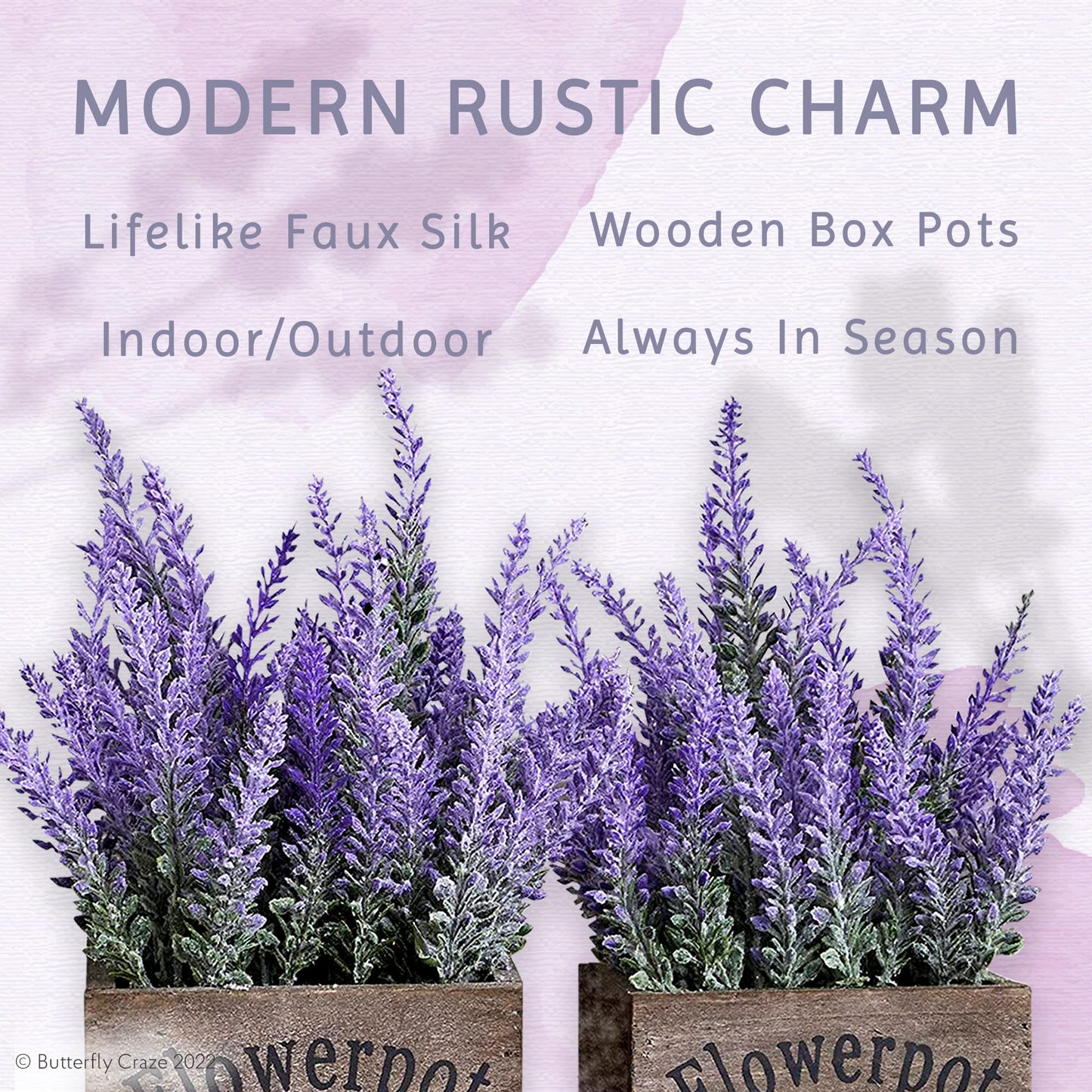 Butterfly Craze Artificial Lavender Plants in Rustic Wooden Planters - Lifelike, Stunning Faux Silk Purple Flowers Perfect for Elevating Your Patio, Home Décor, or Office (Set of Two), Brown Wood