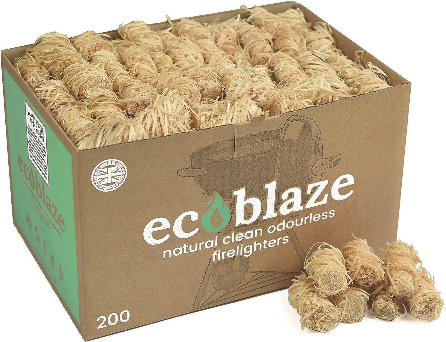 Natural Firelighters ​​- Fire Lighters for Wood & Log Burners - Wood Wool Fire Starters for BBQ & Pizza Oven Firestarters - Safe, Clean & Odourless Wax Coated Instant Firestarters - 200 Box