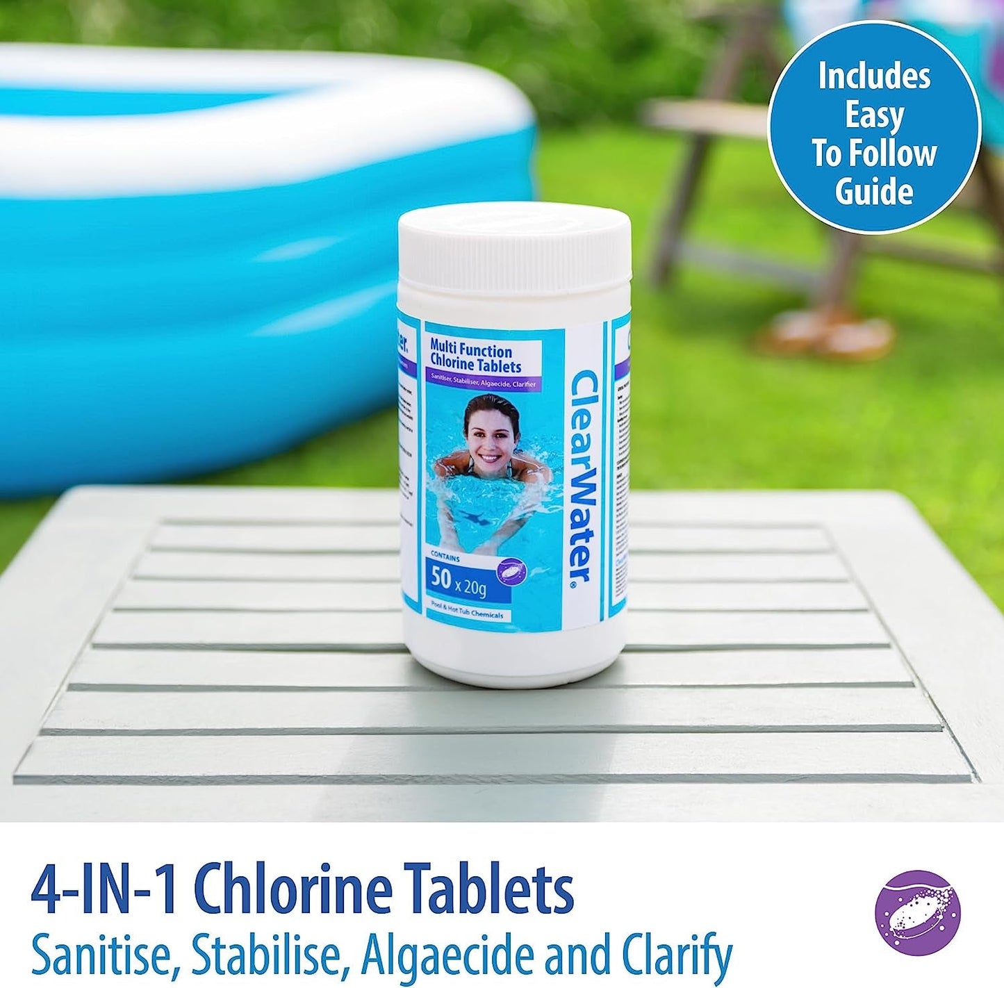 CH0019 1 Kg Multifunction Chlorine Tablets, 4-In-1 Dispenser Tablets (Sanitiser, Stabiliser, Algaecide and Clarifier) for Pools and Hot Tubs, 50 X 20 G, White