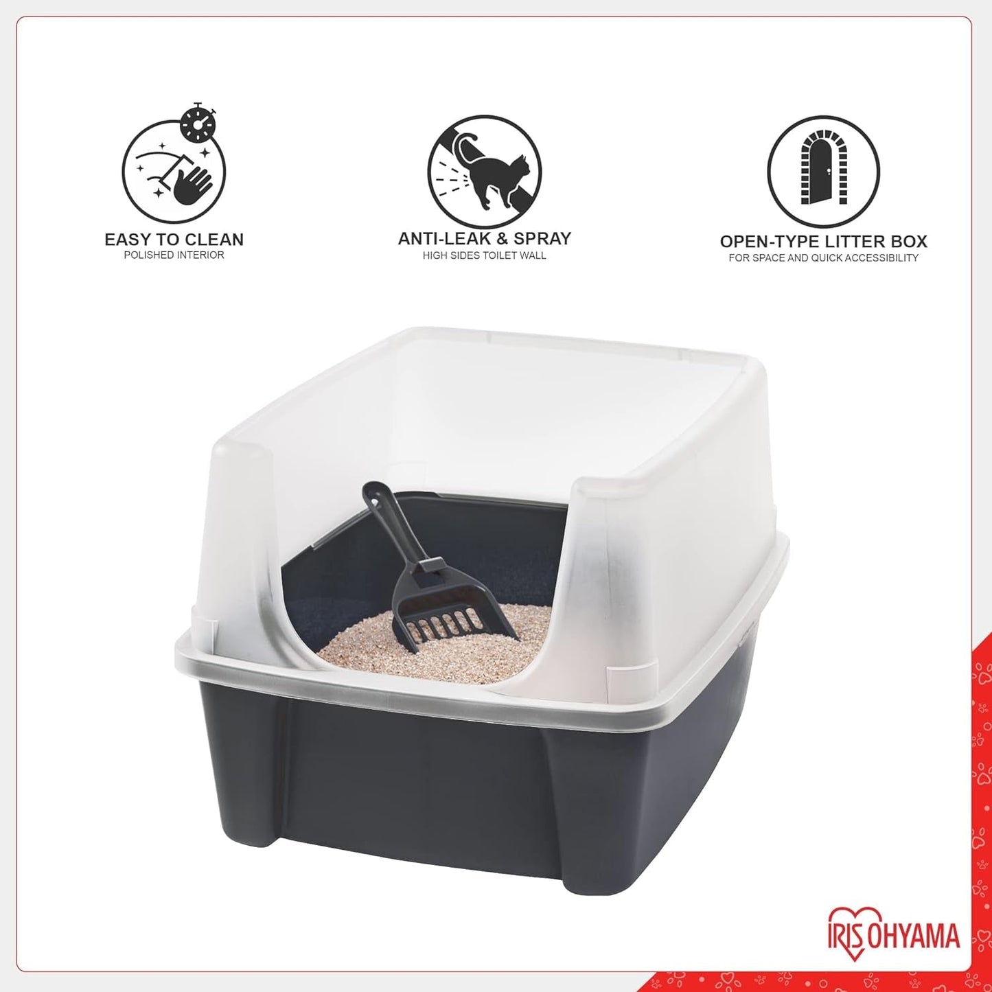 , Litter Box, Tray for Cat, Plastic (PP) Bpa-Free, Scoop, CLH-12, Open Top, Grey