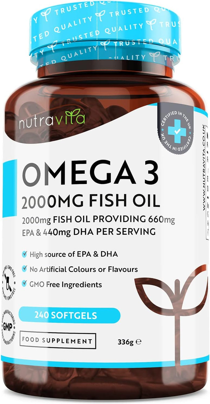 Omega 3 2000Mg with 660Mg EPA & 440Mg DHA per Serving - 240 Softgel Capsules of Sustainably Sourced Pure Omega 3 Fish Oil - Made in the UK by